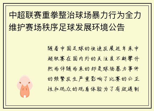 中超联赛重拳整治球场暴力行为全力维护赛场秩序足球发展环境公告