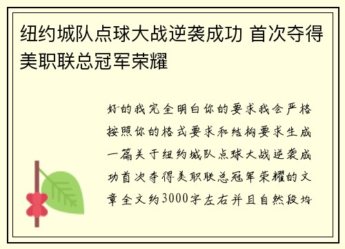纽约城队点球大战逆袭成功 首次夺得美职联总冠军荣耀 纽约城队点球大战逆袭成功 首次夺得美职联总冠军荣耀